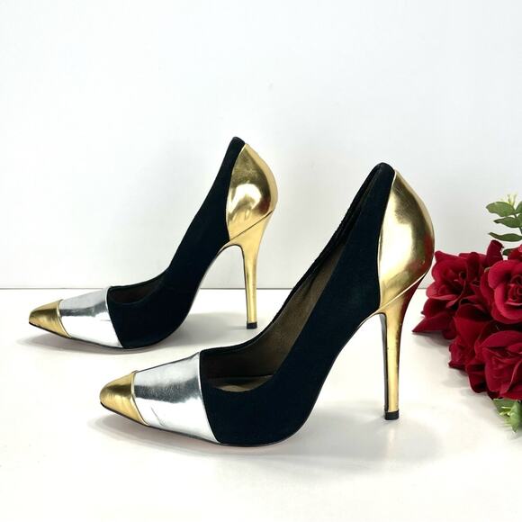 Marissa Webb Stiletto Heel Pump Size 8 Black Gold & Silver Leather Pointed-Toe - Picture 14 of 16